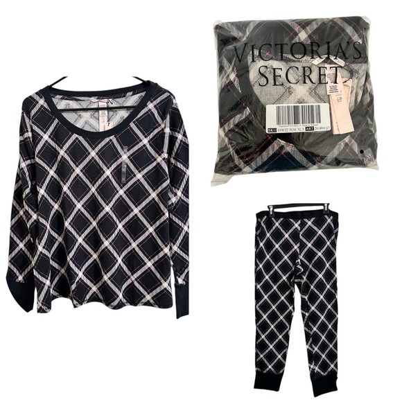 Victoria's Secret Pajama Set XL‎ Black Plaid Long Sleeve Top & Pants Sleepwear - Picture 2 of 14